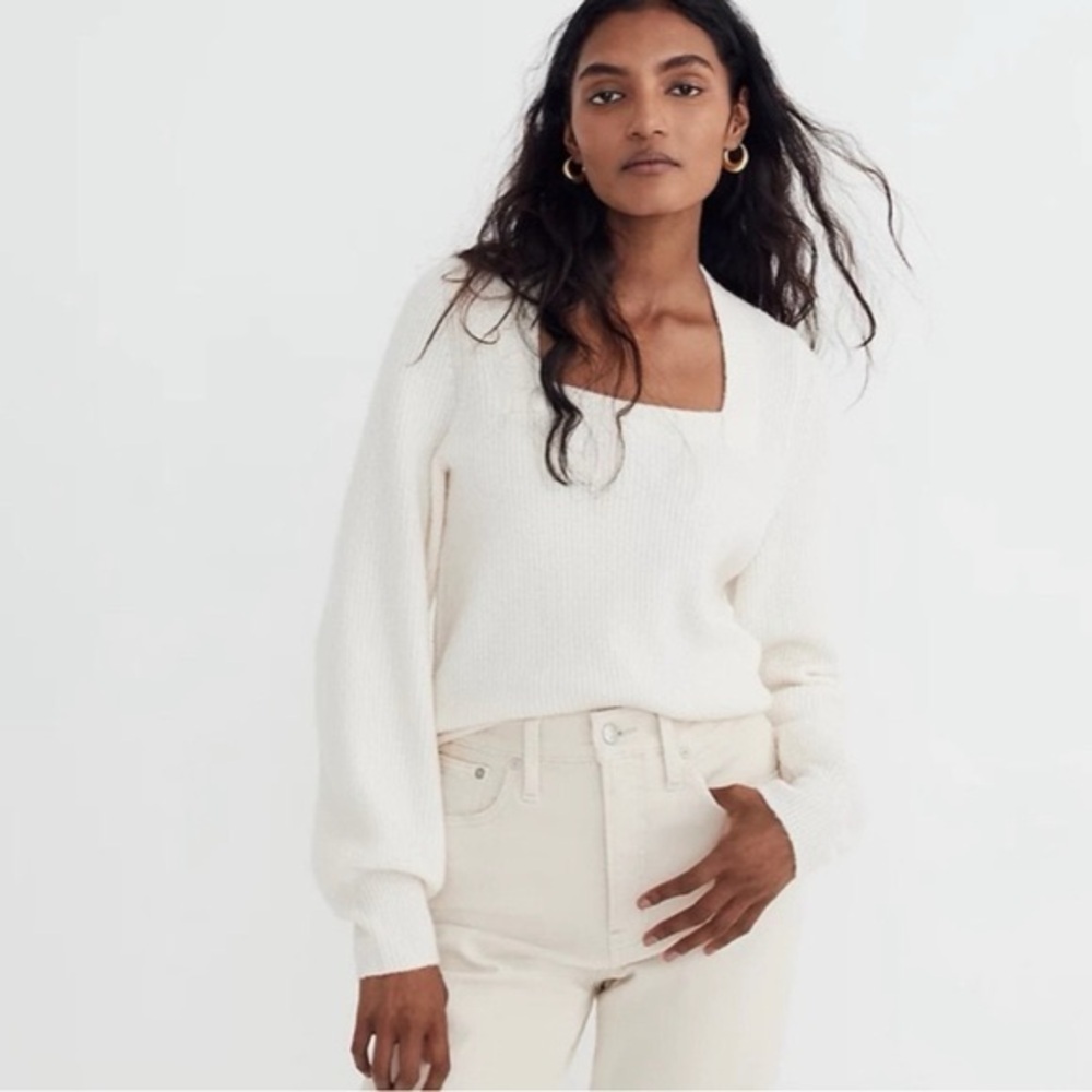 Madewell Melwood Square-Neck Pullover Sweater in Coziest Yarn - Cream- Size XL